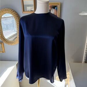 Vince Navy Silky Satiny Long-Sleeve blouse with action in the back!